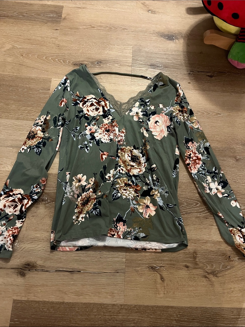 Daytrip Olive Green Floral Lace-Trim V-Neck Long Sleeve Top